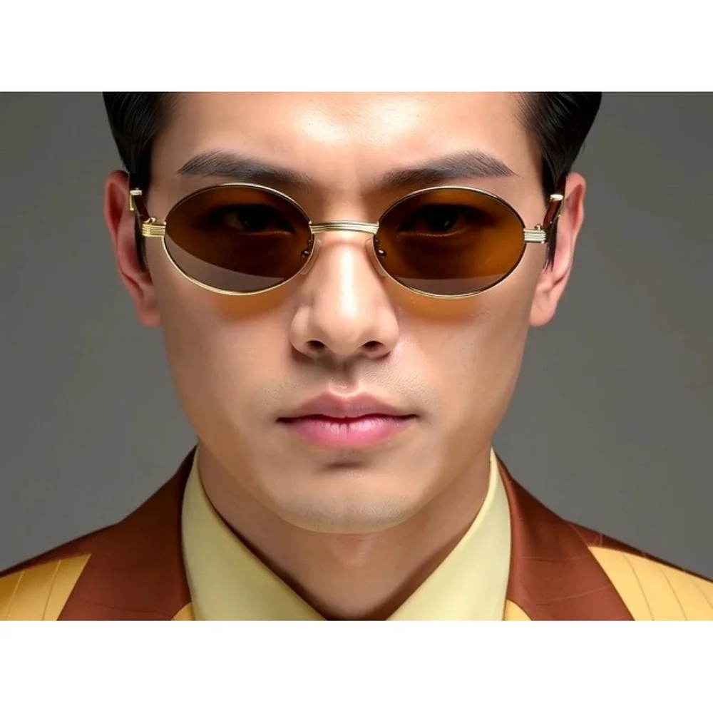 Retro Art Nouveau Vintage Style Small Oval Metal Frame Sunglasses Brown Lens New